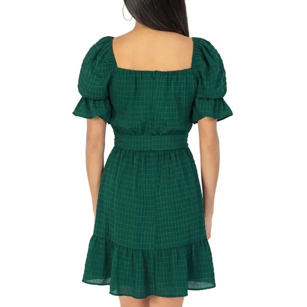 Speechless Womens Green Puff Sleeve Square Neck Fit & Flare Dress Juniors NWT - Picture 2 of 2